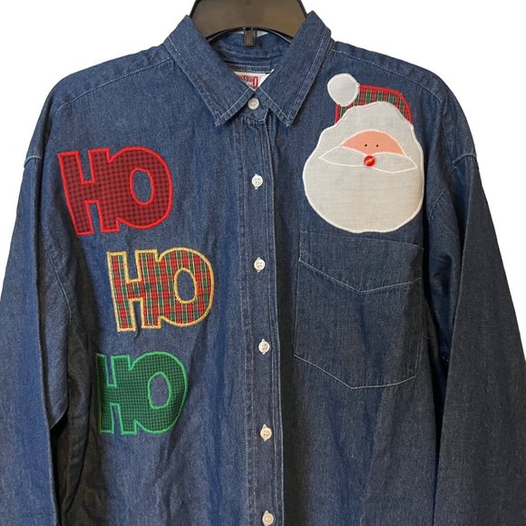 VINTAGE Backroad Blues Shirt Blue Jean Christmas Festive HO HO Santa Button Down - Picture 2 of 9